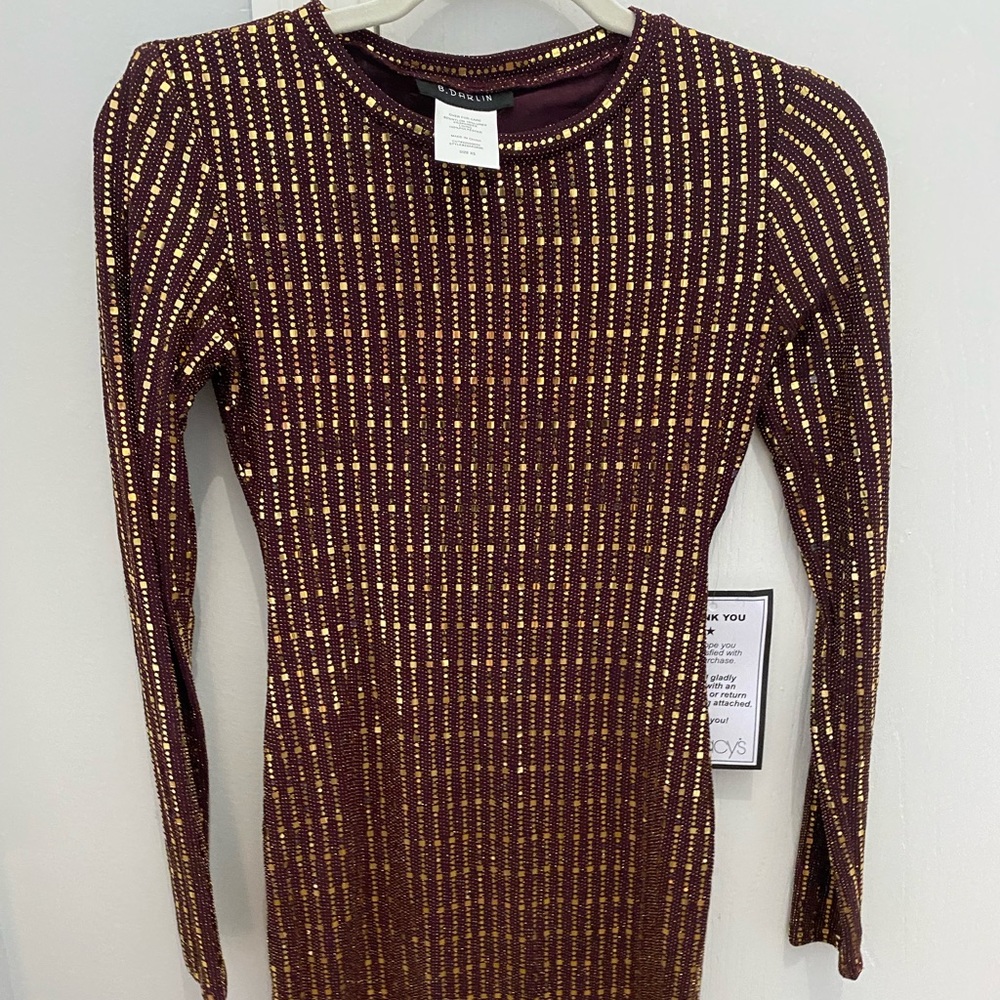B. Darlin size XS long sleeve dress dark red with gold, new with tags